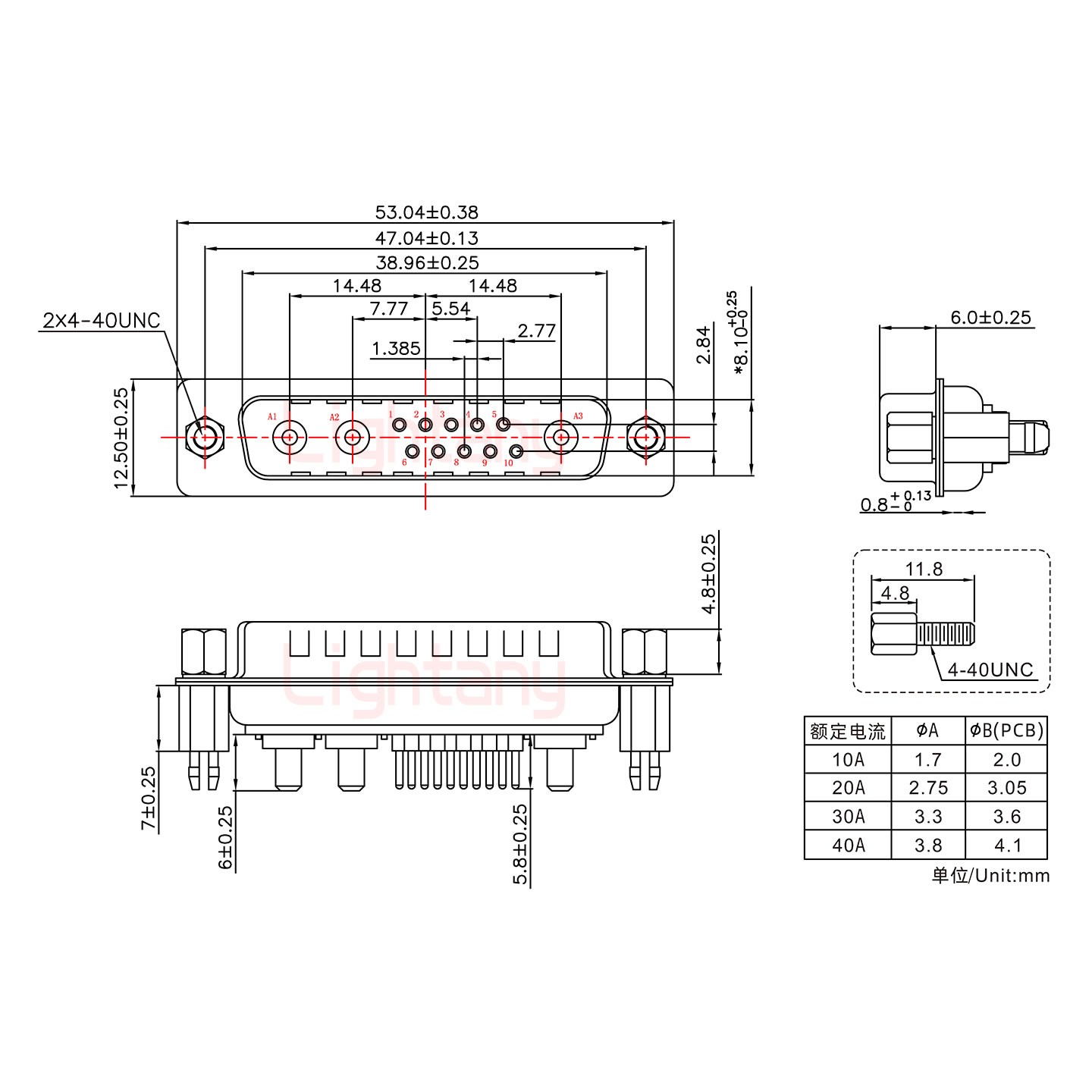 13W3公PCB直插板/鉚魚叉7.0/大電流20A