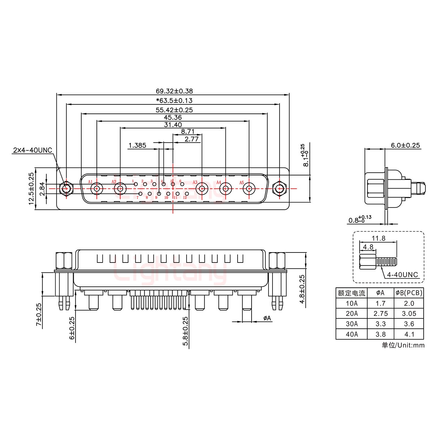 17W5公PCB直插板/鉚魚叉7.0/大電流20A