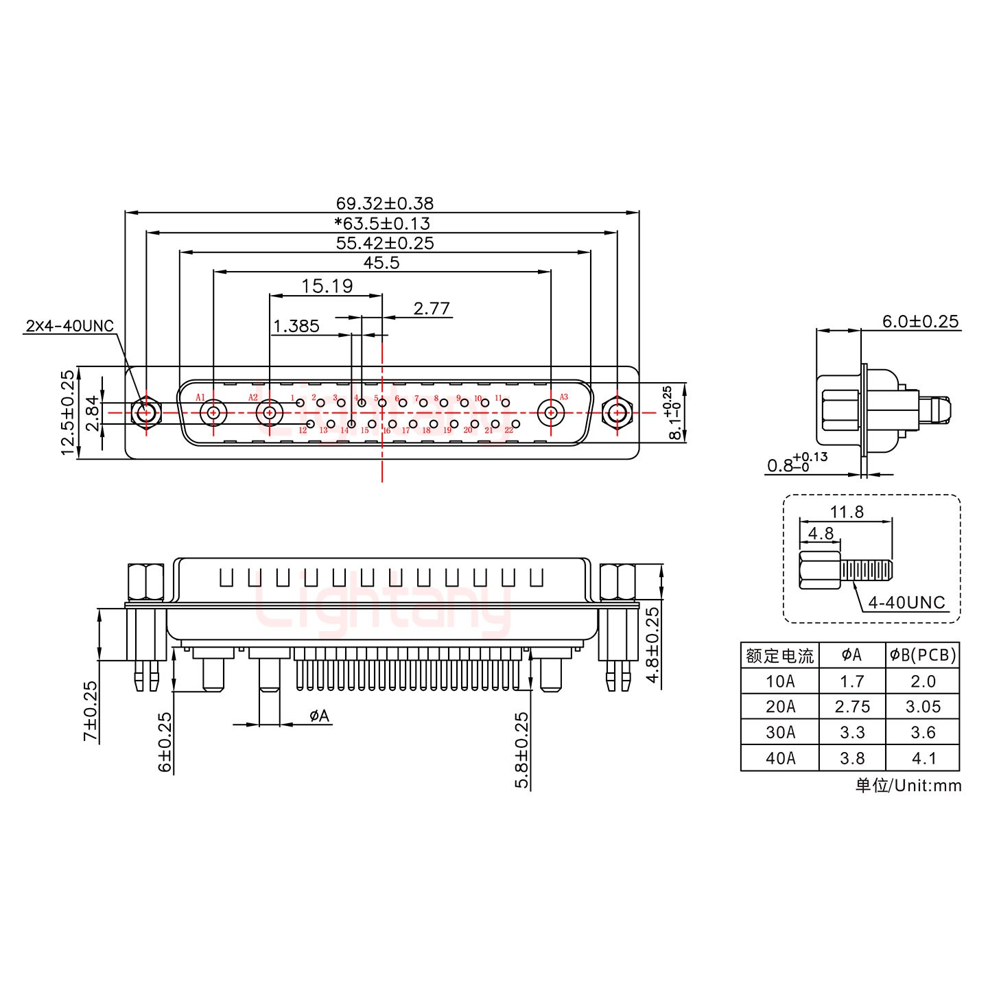 25W3公PCB直插板/鉚魚叉7.0/大電流30A