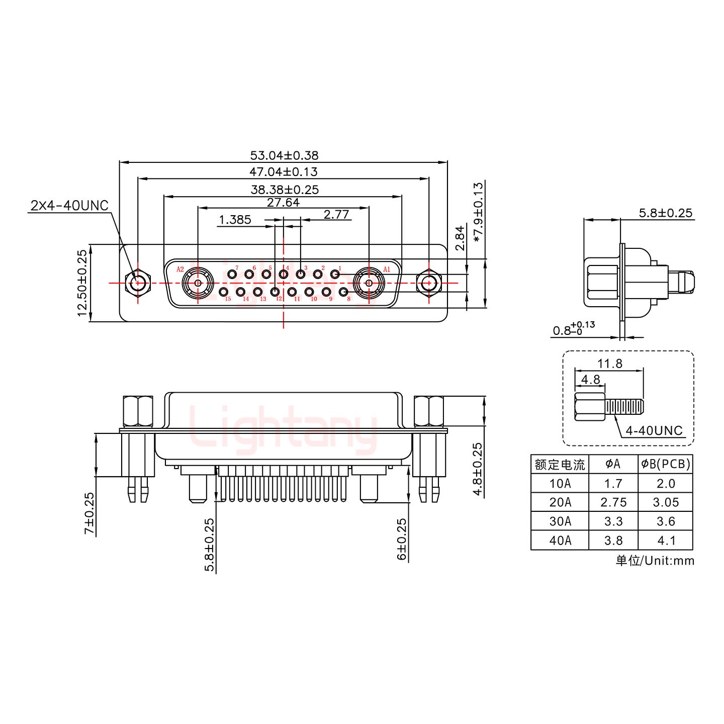 17W2母PCB直插板/鉚魚叉7.0/大電流10A