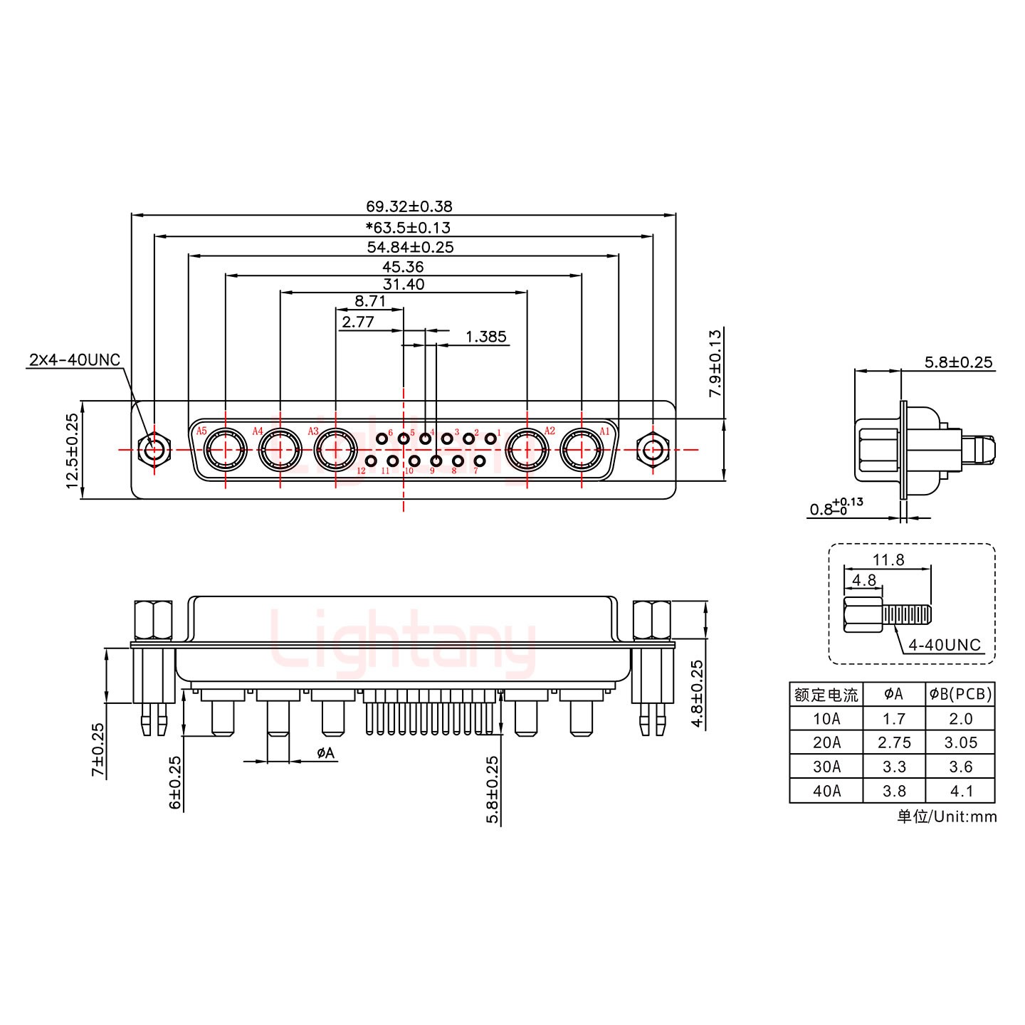 17W5母PCB直插板/鉚魚叉7.0/大電流20A