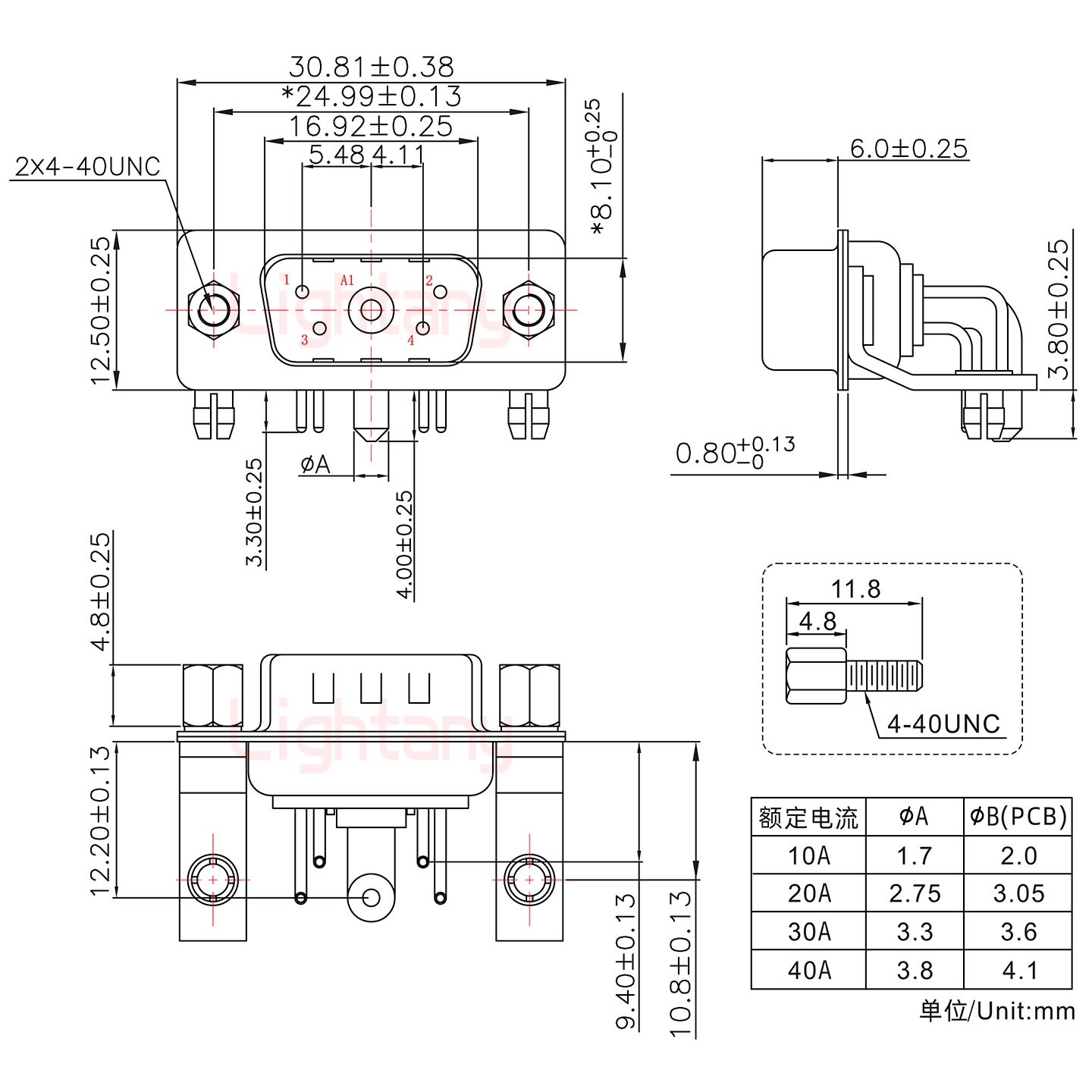 5W1公PCB彎插板/鉚支架10.8/大電流10A