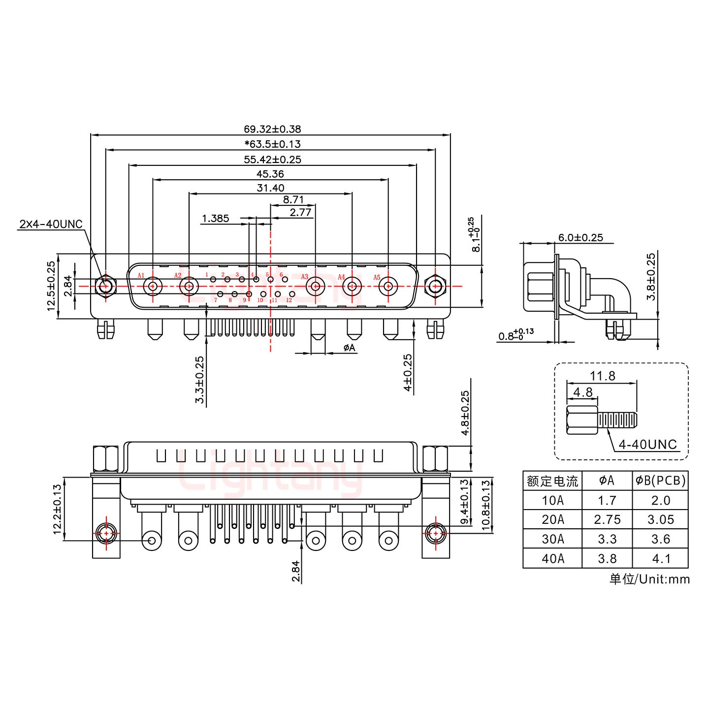 17W5公PCB彎插板/鉚支架10.8/大電流10A