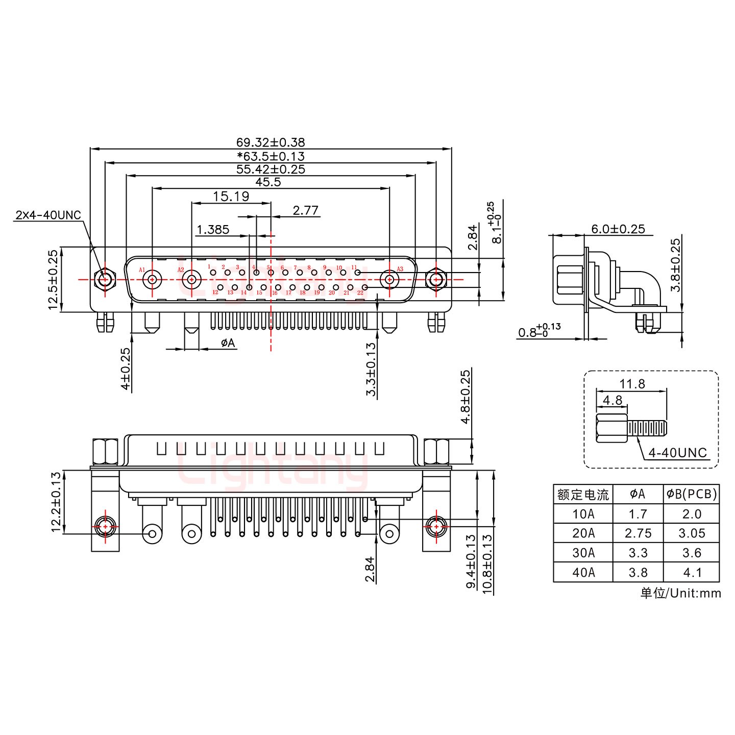 25W3公PCB彎插板/鉚支架10.8/大電流10A