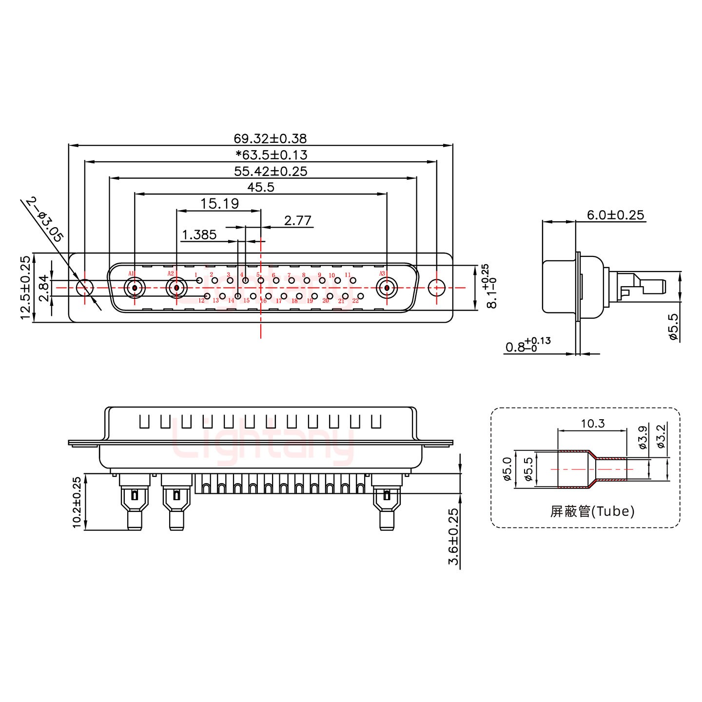 25W3公焊線式75歐姆+37P金屬外殼951彎出線4~12mm