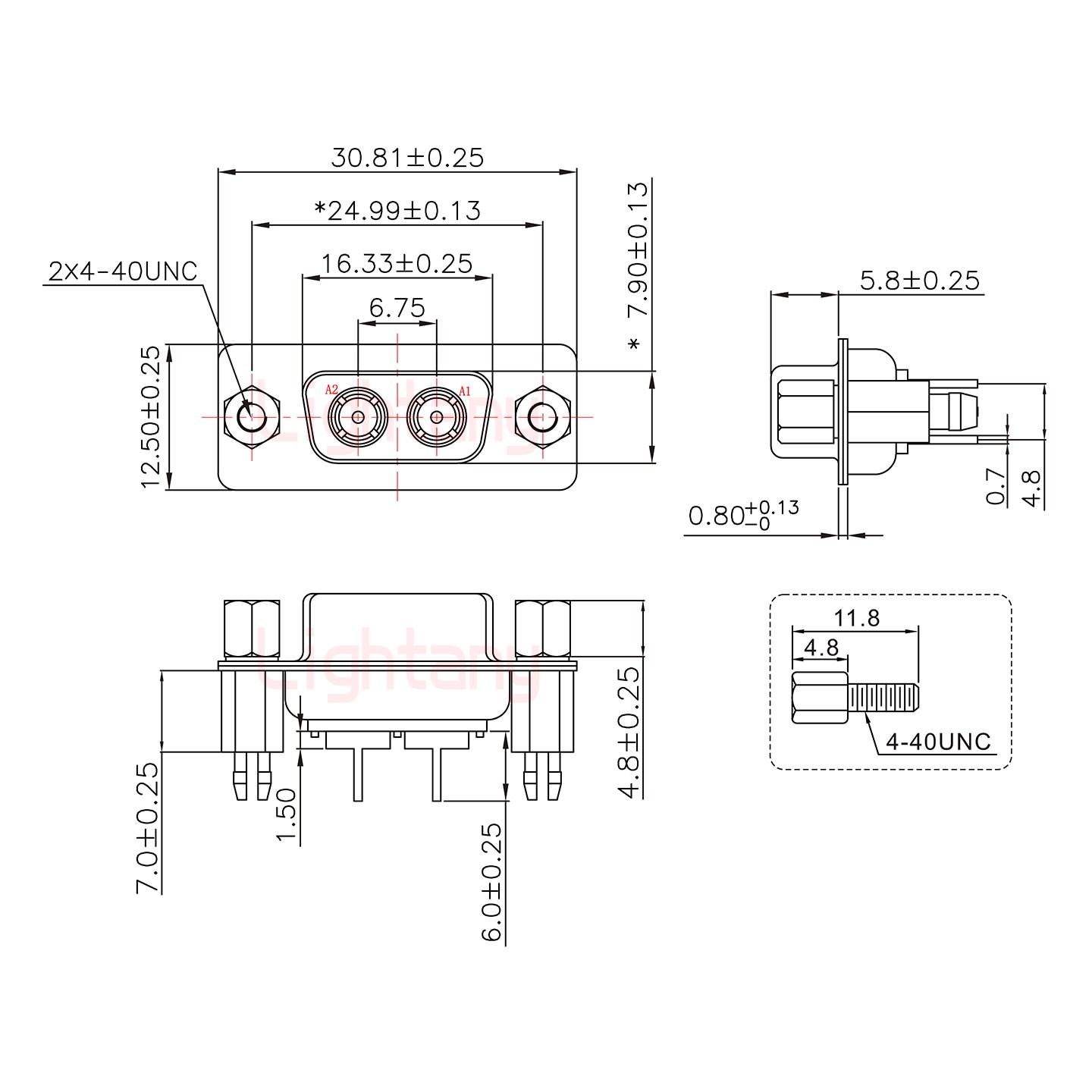 2W2母PCB直插板/鉚魚叉7.0/射頻同軸75歐姆