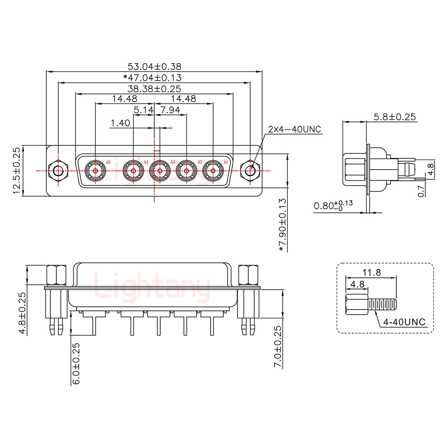 5W5母PCB直插板/鉚魚叉7.0/射頻同軸75歐姆