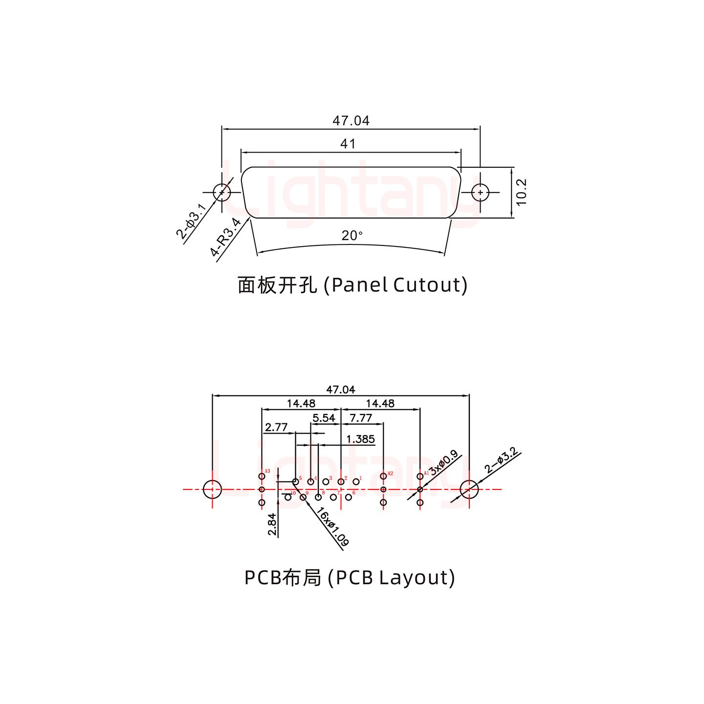 13W3母PCB直插板/鉚魚叉7.0/射頻同軸75歐姆