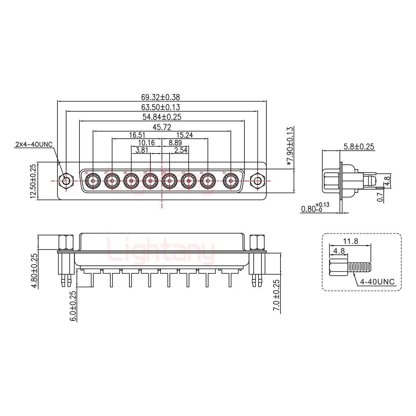 8W8母PCB直插板/鉚魚叉7.0/射頻同軸75歐姆