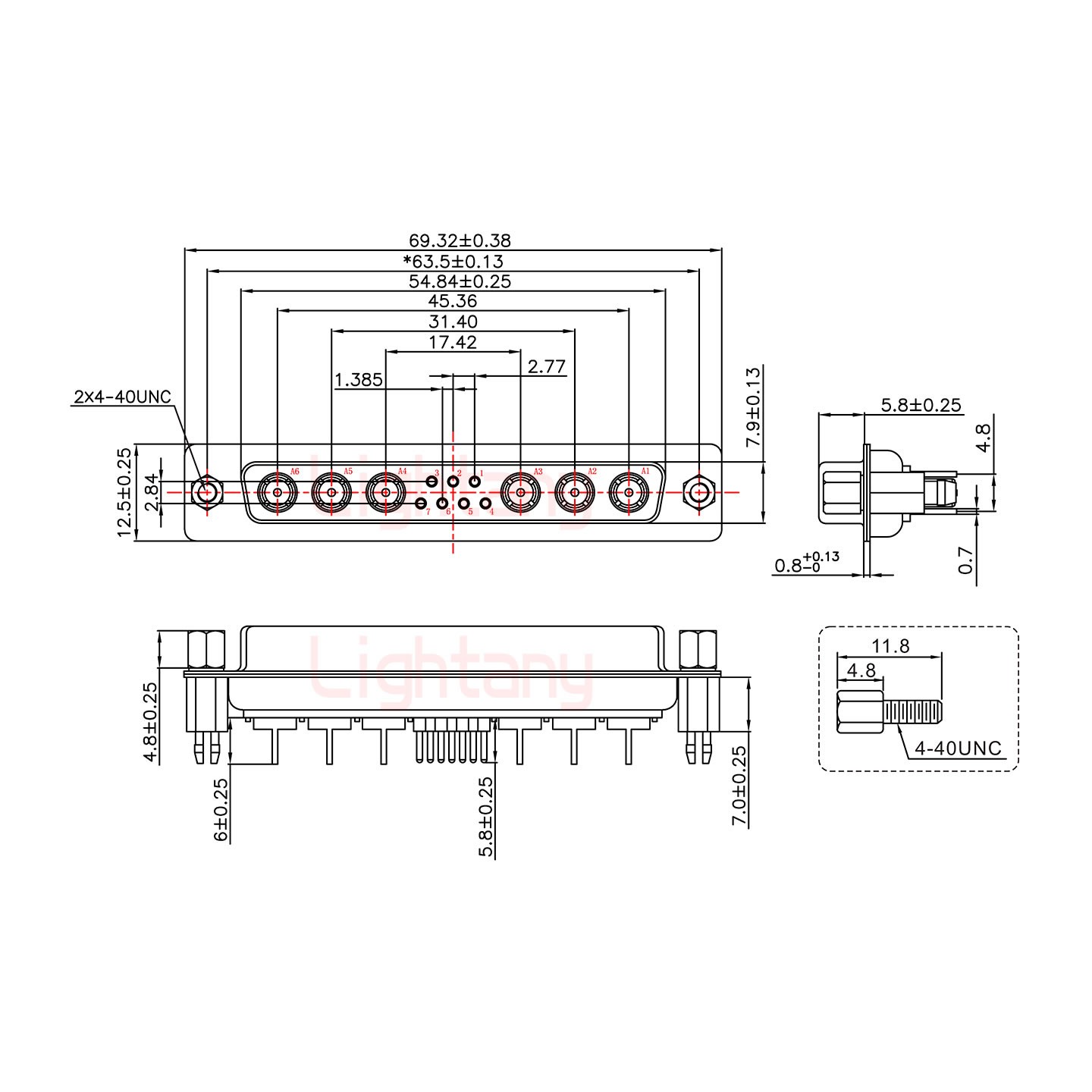 13W6A母PCB直插板/鉚魚叉7.0/射頻同軸75歐姆