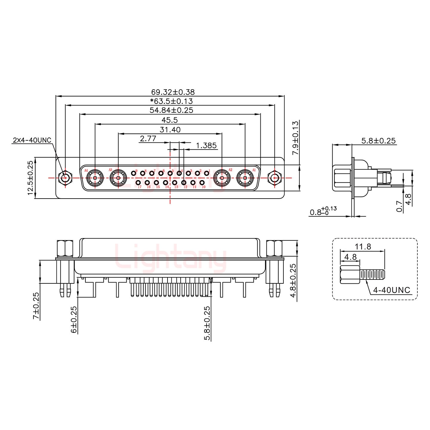 21W4母PCB直插板/鉚魚叉7.0/射頻同軸50歐姆