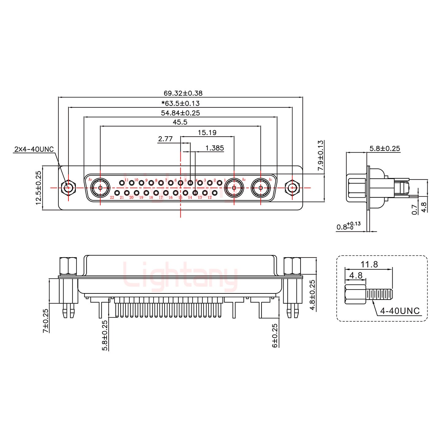 25W3母PCB直插板/鉚魚叉7.0/射頻同軸50歐姆