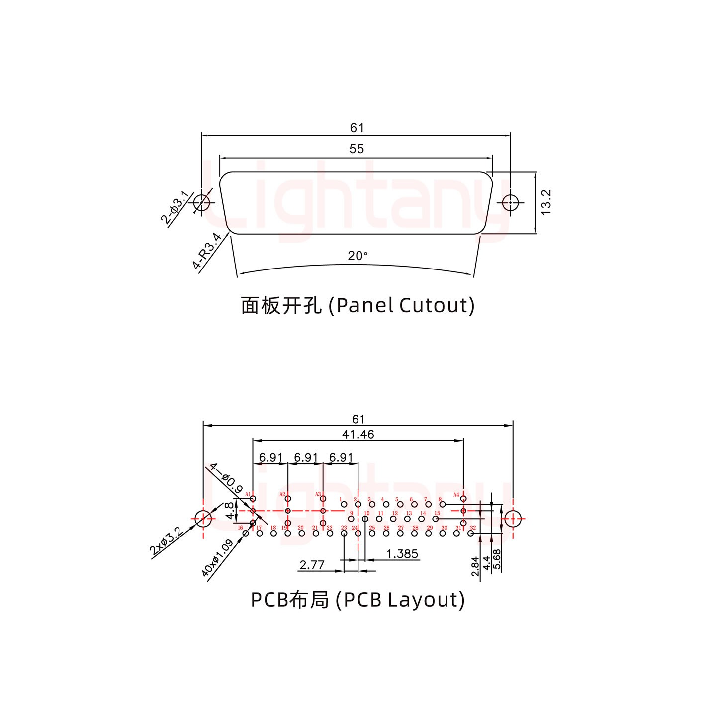 36W4母PCB直插板/鉚魚叉7.0/射頻同軸50歐姆