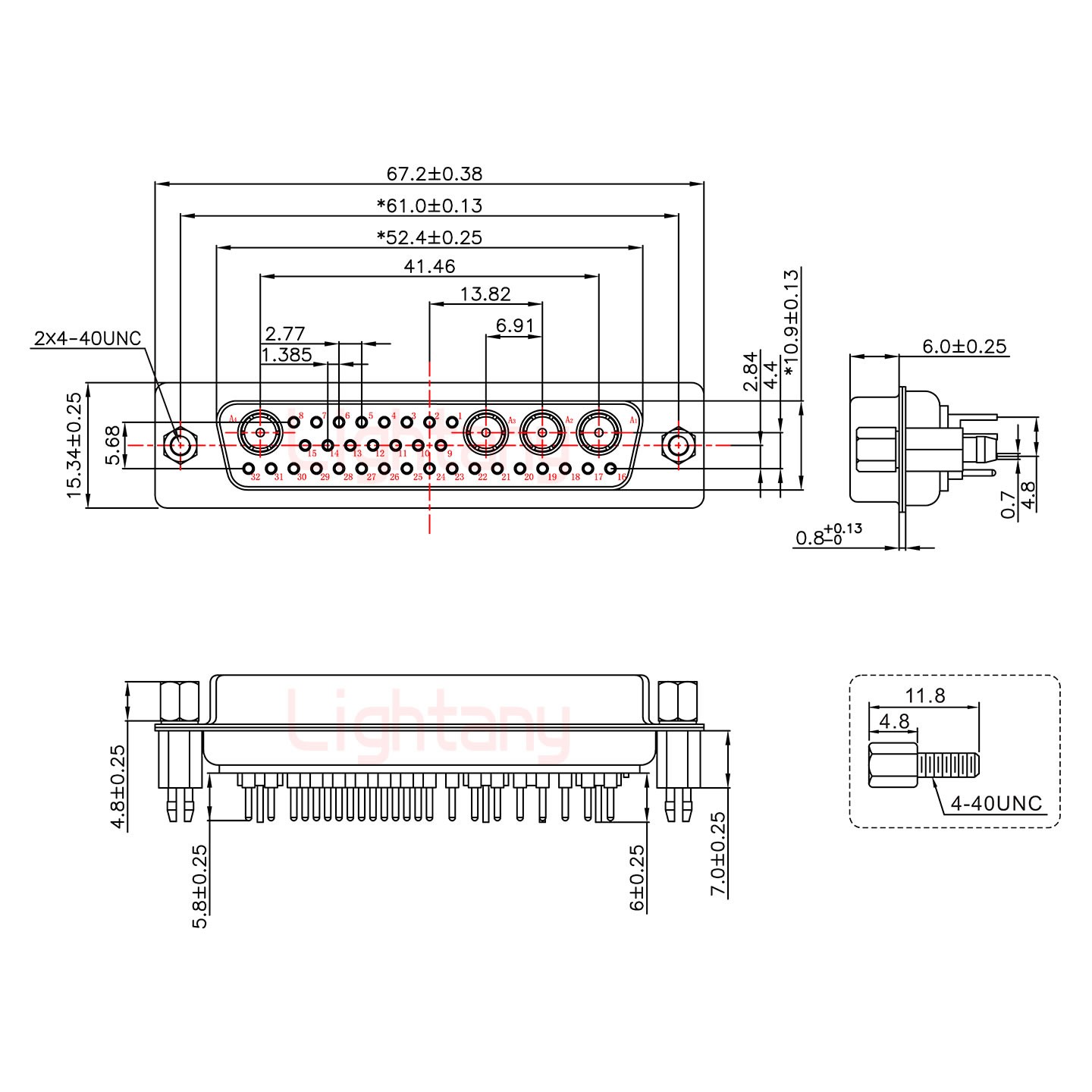 36W4母PCB直插板/鉚魚叉7.0/射頻同軸50歐姆