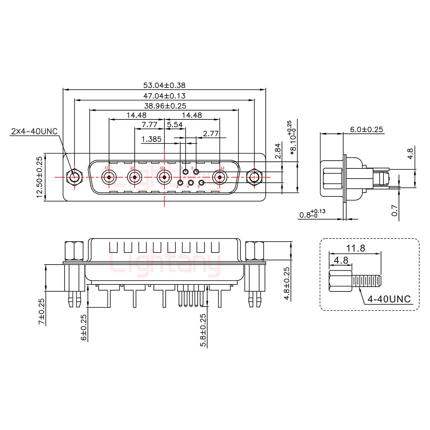 9W4公PCB直插板/鉚魚叉7.0/射頻同軸50歐姆