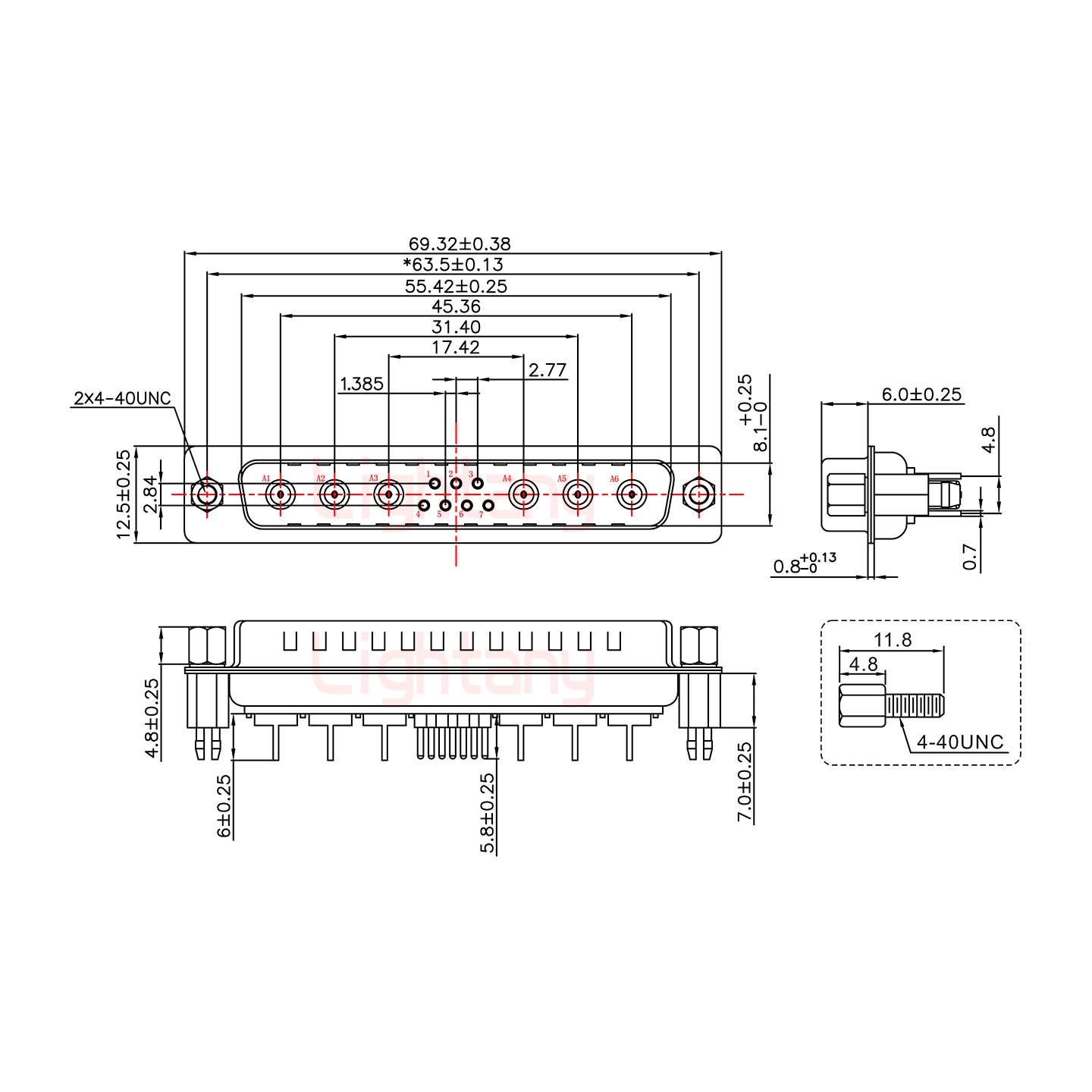 13W6A公PCB直插板/鉚魚叉7.0/射頻同軸50歐姆