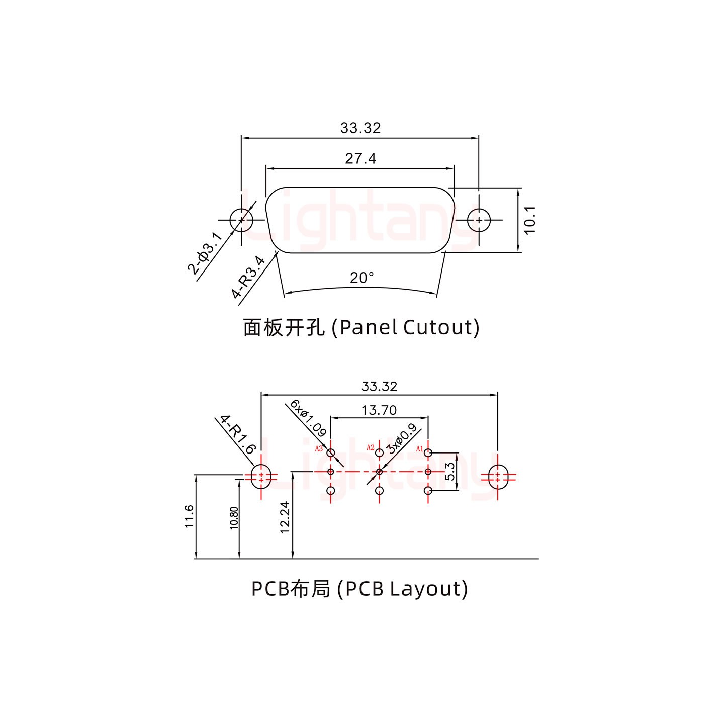 3W3母PCB彎插板/鉚支架10.8/射頻同軸75歐姆