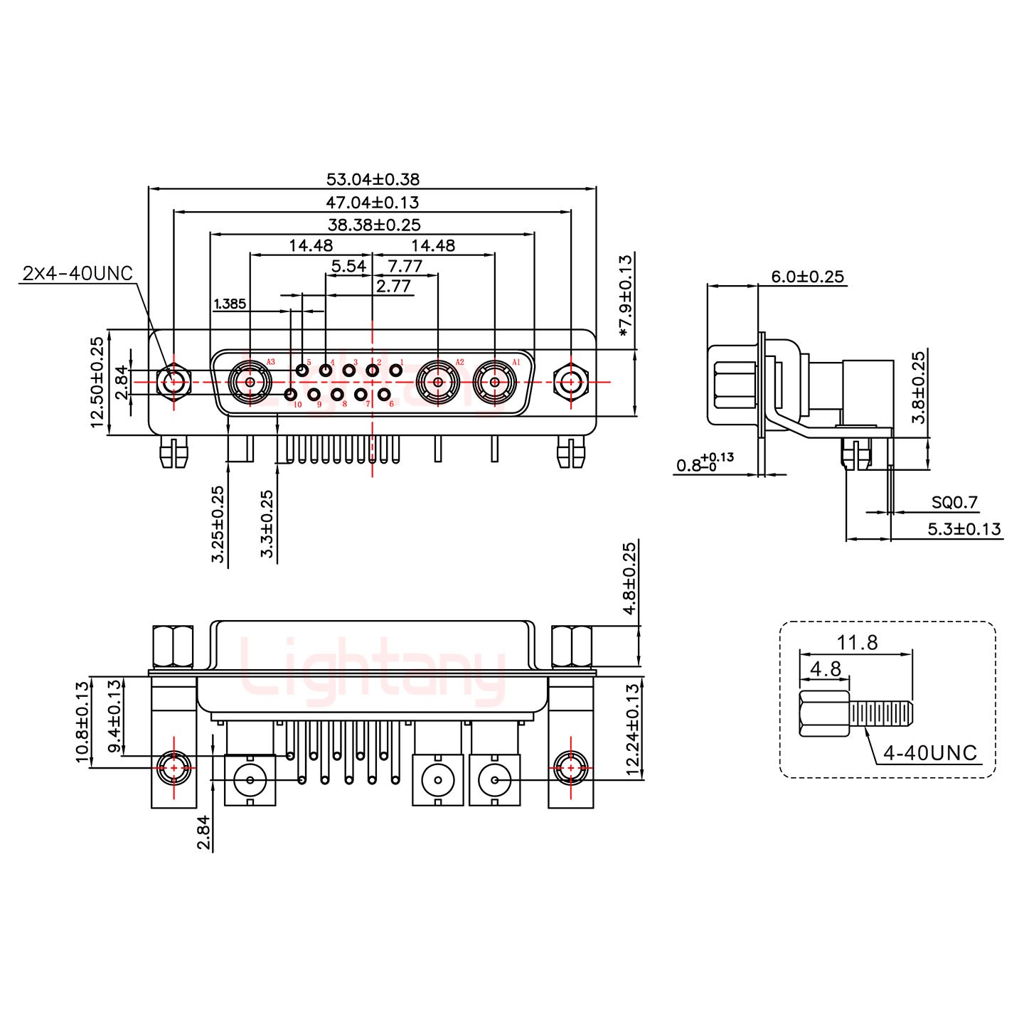 13W3母PCB彎插板/鉚支架10.8/射頻同軸75歐姆