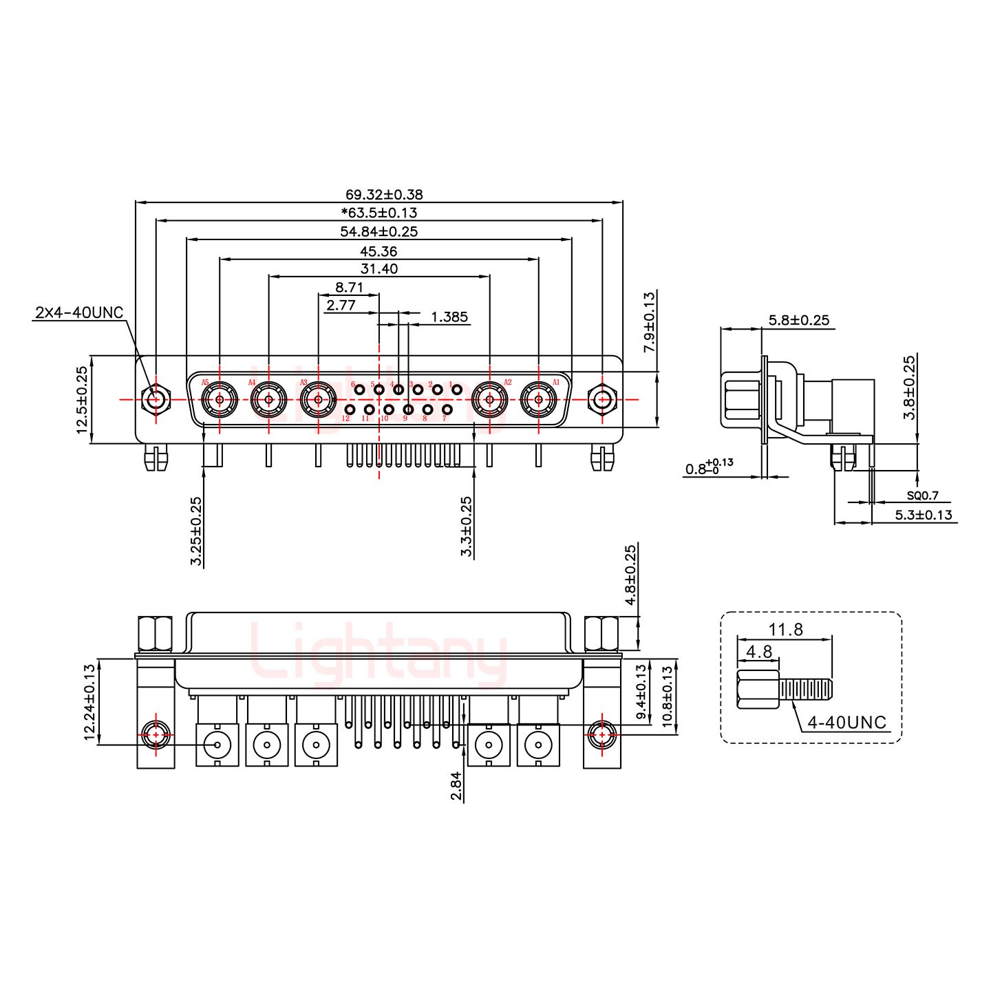 17W5母PCB彎插板/鉚支架10.8/射頻同軸75歐姆