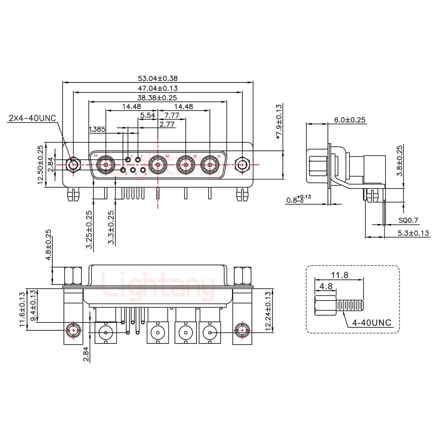 9W4母PCB彎插板/鉚支架11.6/射頻同軸50歐姆