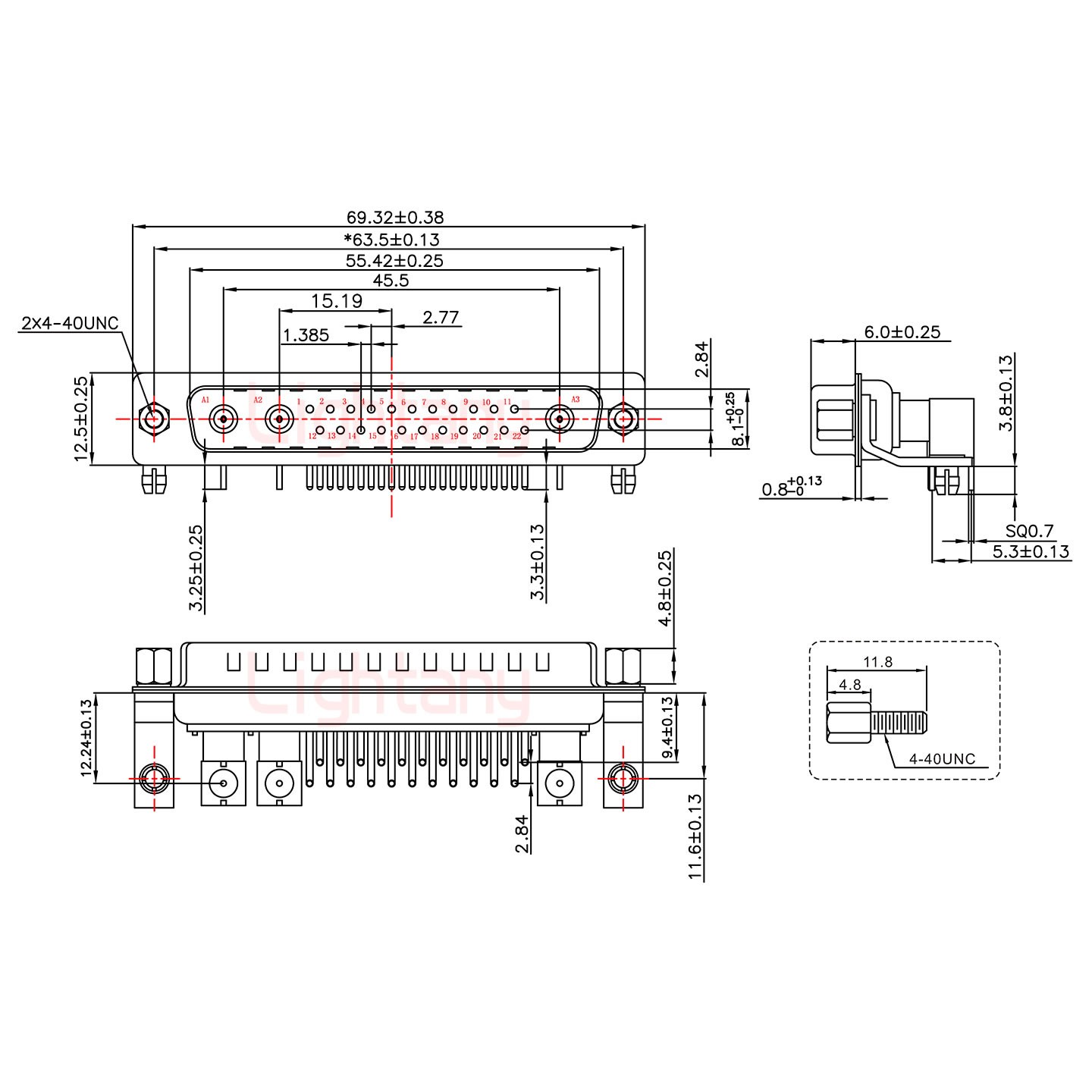 25W3公PCB彎插板/鉚支架11.6/射頻同軸75歐姆