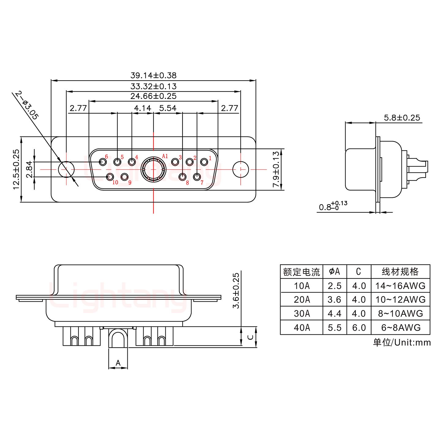 11W1母短體焊線/光孔/大電流20A