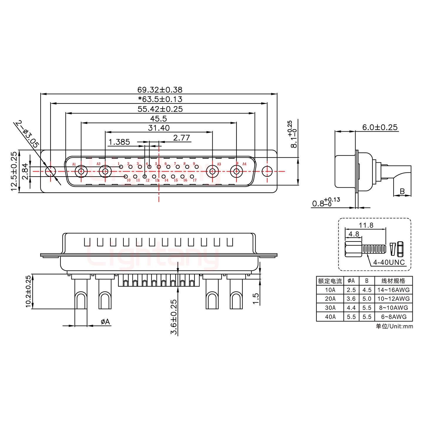 21W4公長體焊線/配螺絲螺母/大電流10A