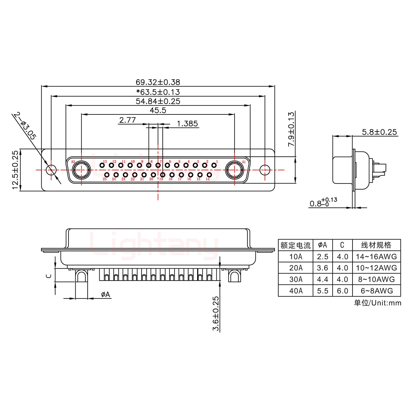 27W2母短體焊線/光孔/大電流40A