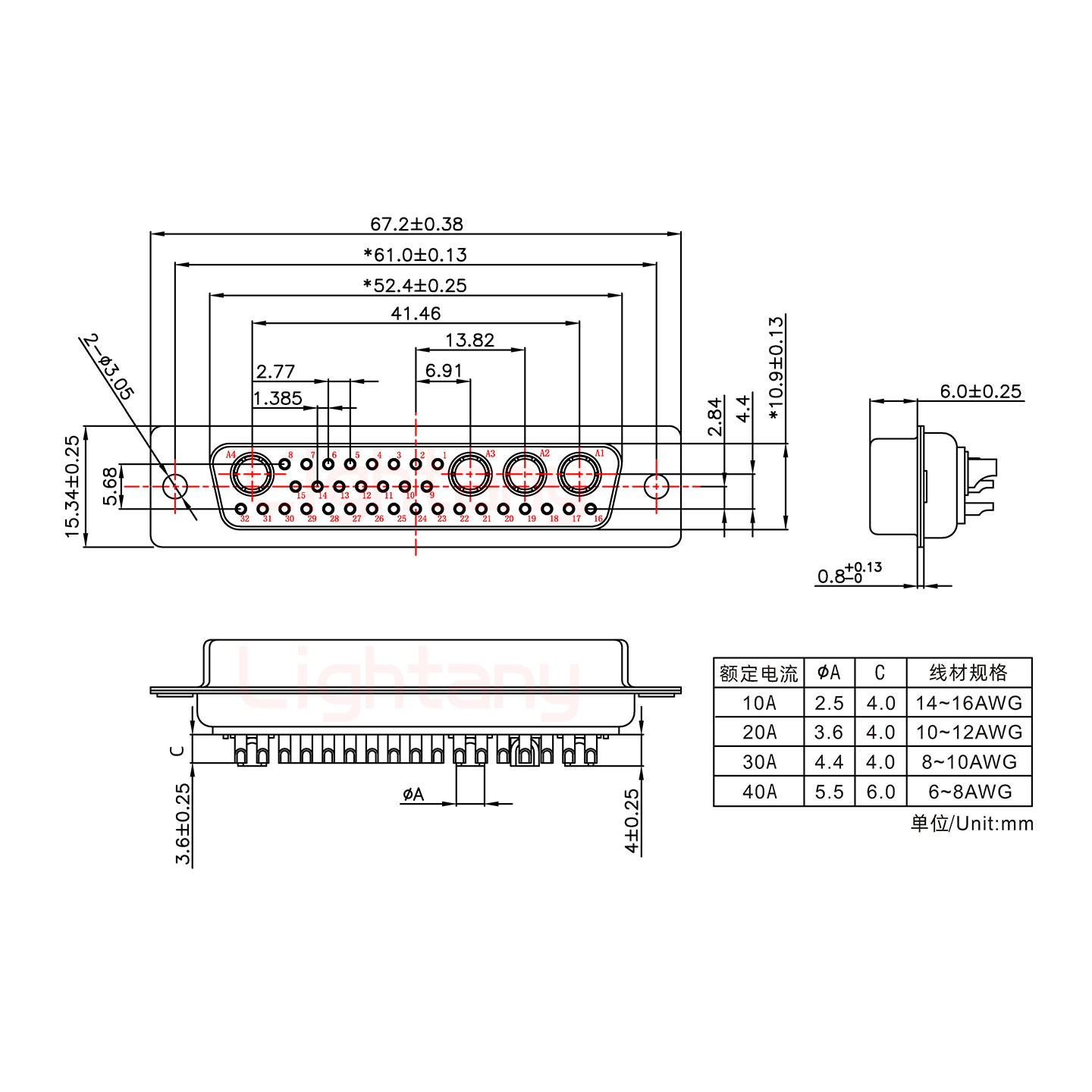 36W4母短體焊線40A+50P金屬外殼2252三個出線孔12mm