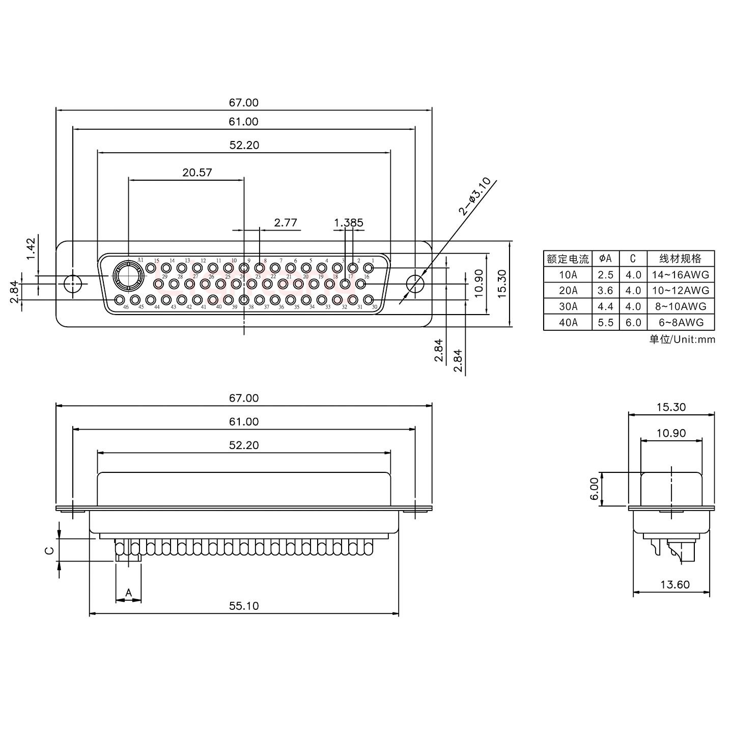 47W1母短體焊線30A+50P金屬外殼1745彎出線4~12mm