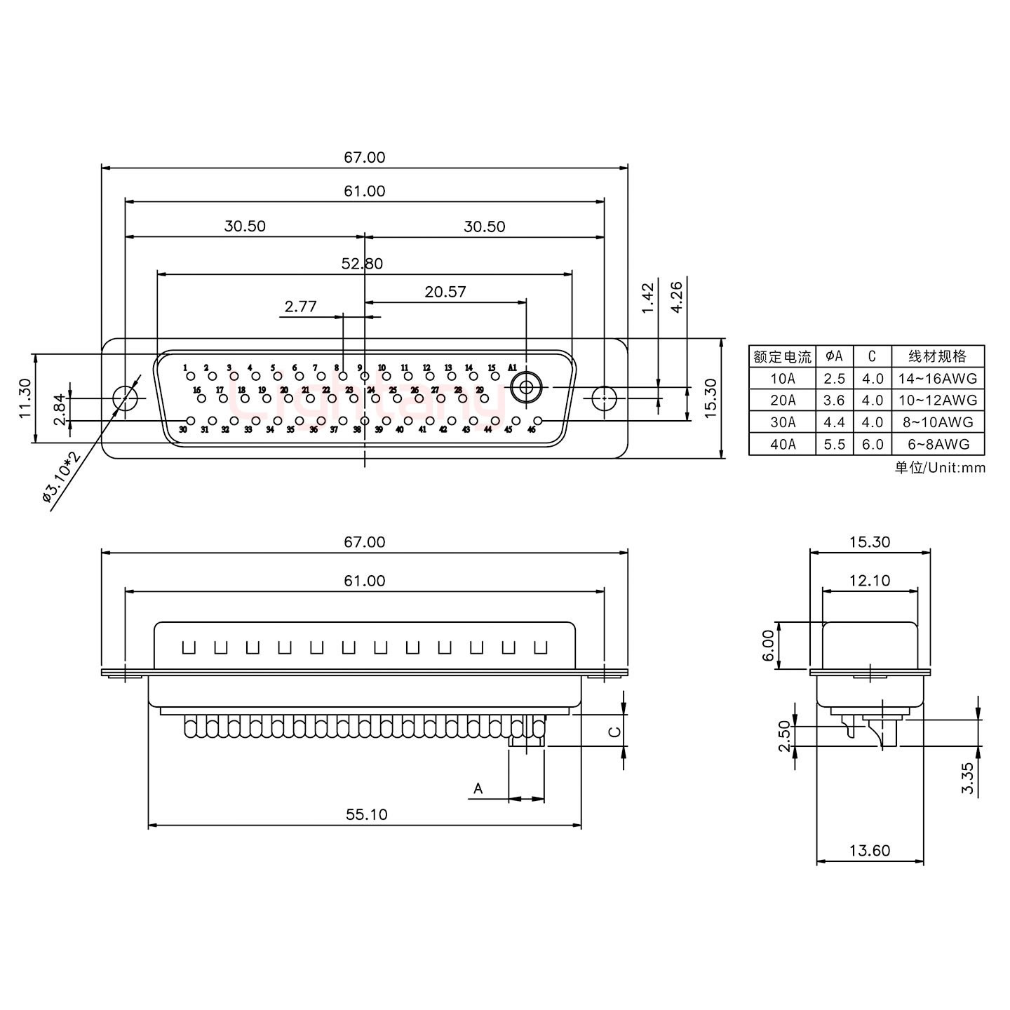 47W1公短體焊線10A+50P金屬外殼2252三個出線孔12mm