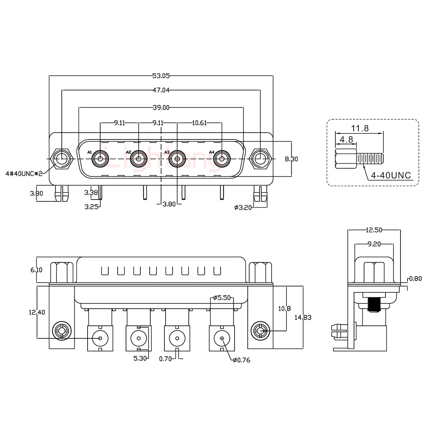 4W4公PCB彎插板/鉚支架10.8/射頻同軸75歐姆