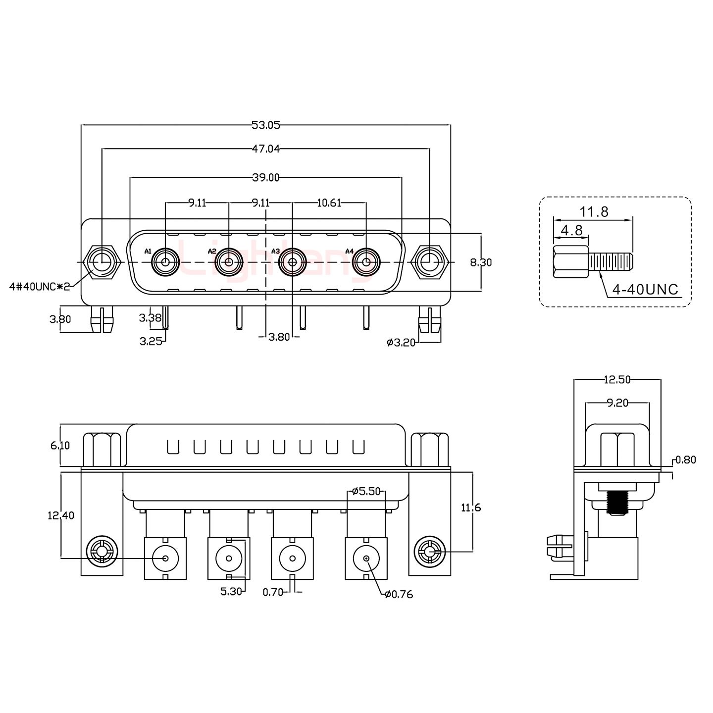 4W4公PCB彎插板/鉚支架11.6/射頻同軸50歐姆