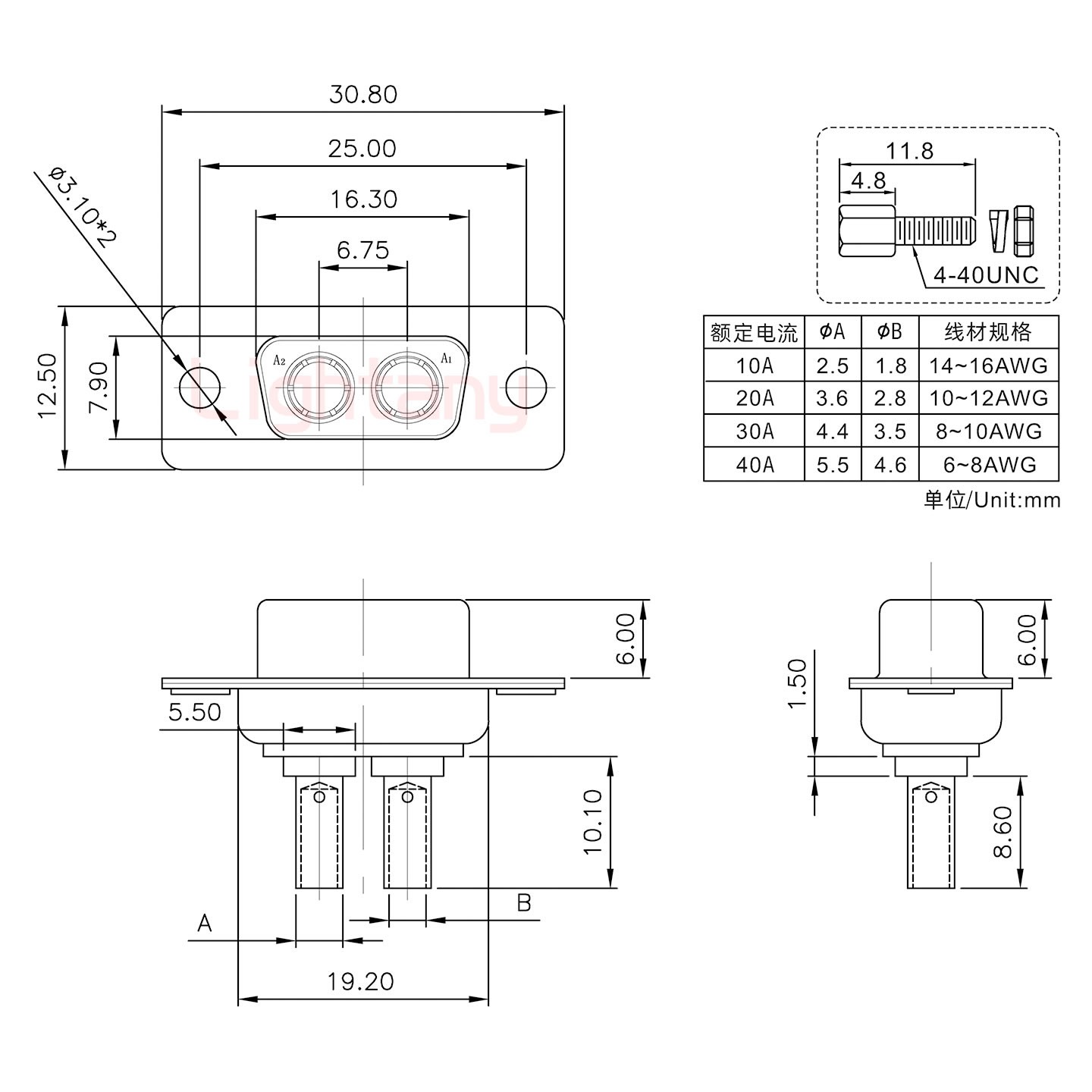 2W2母壓線式/配螺絲螺母/大電流10A