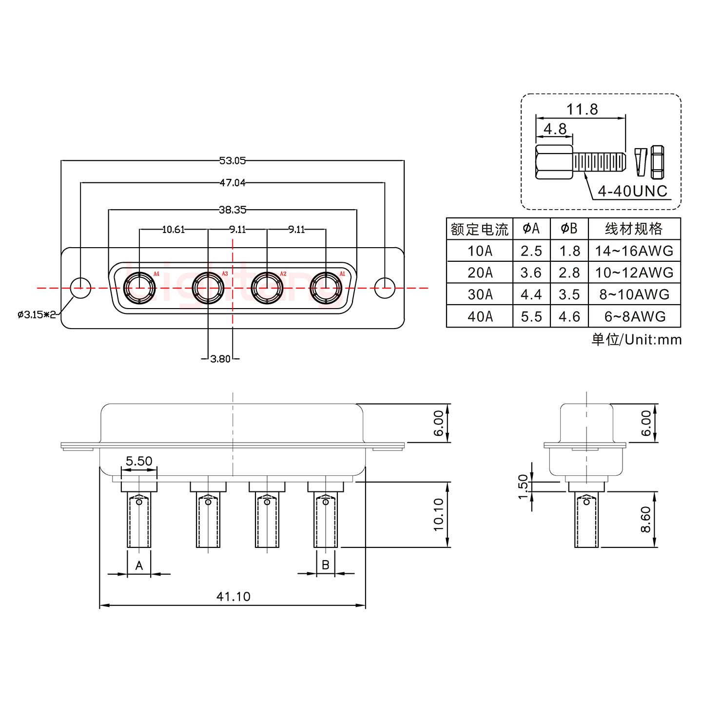 4W4母壓線式/配螺絲螺母/大電流30A