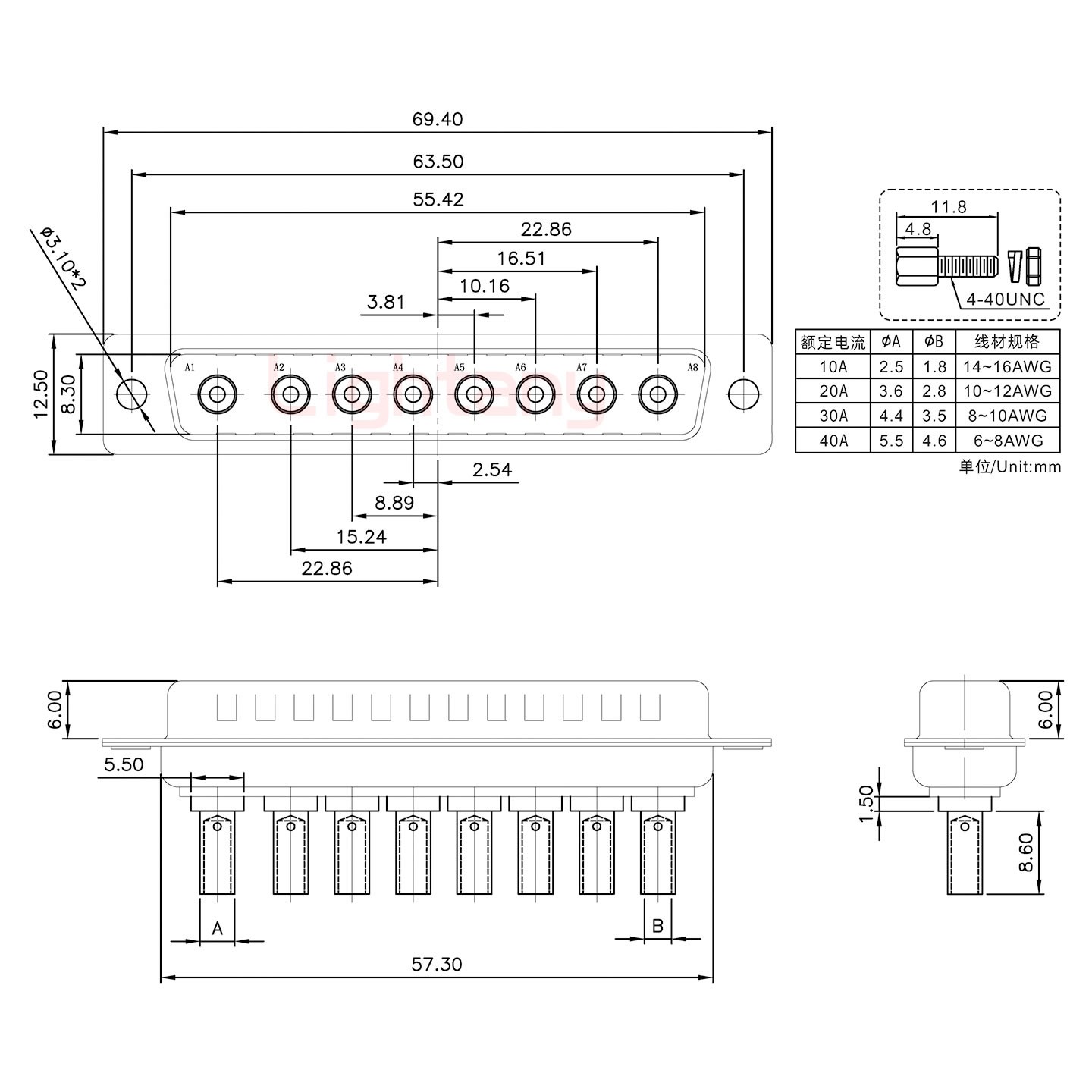 8W8公壓線式/配螺絲螺母/大電流10A