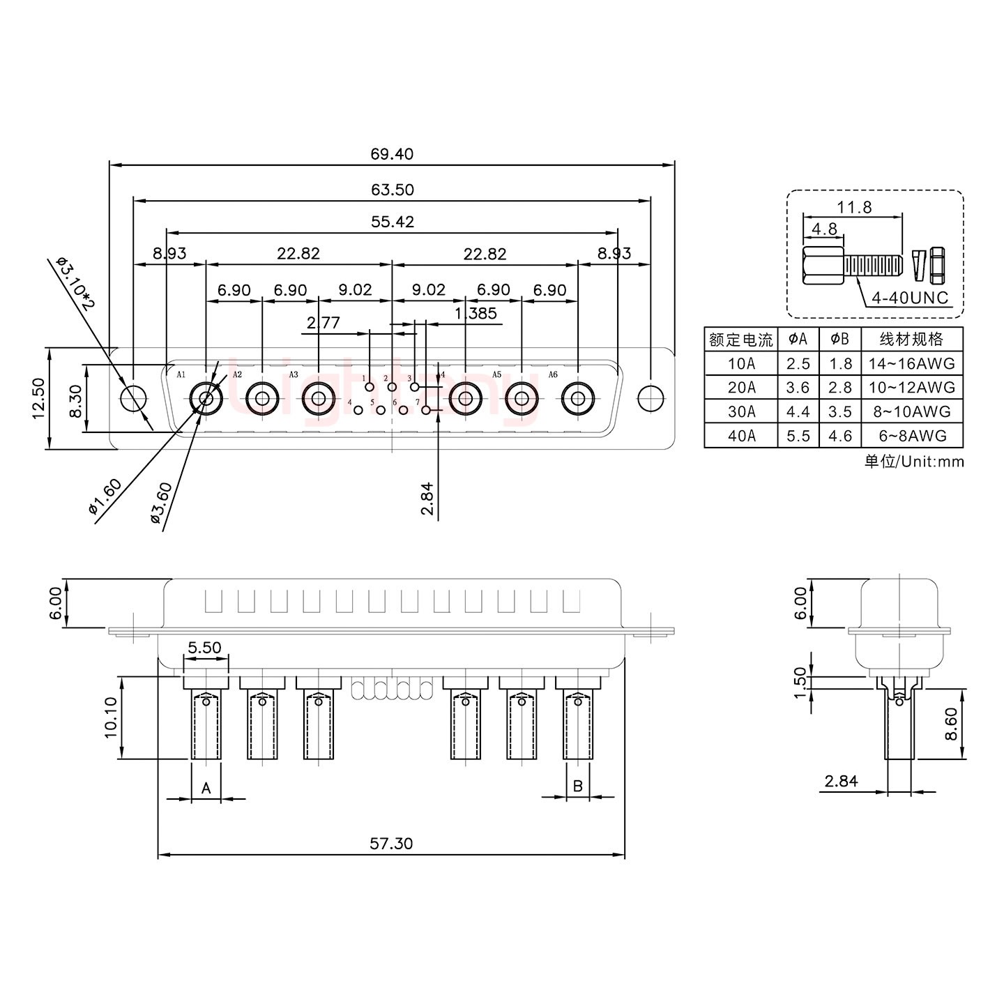 13W6A公壓線式/配螺絲螺母/大電流40A