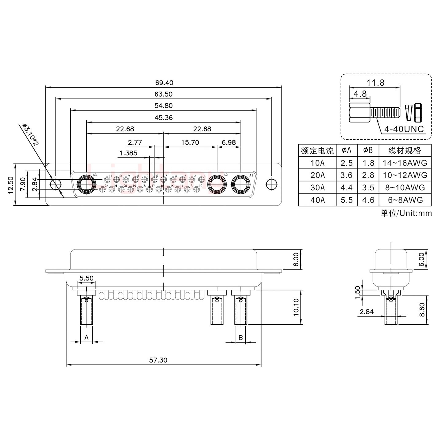 25W3母壓線式/配螺絲螺母/大電流20A