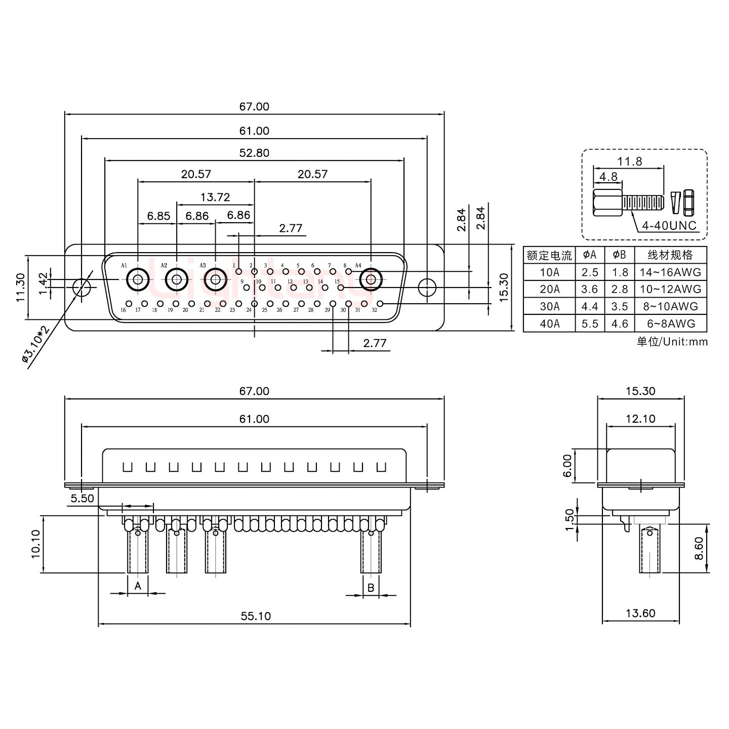 36W4公壓線式/配螺絲螺母/大電流40A